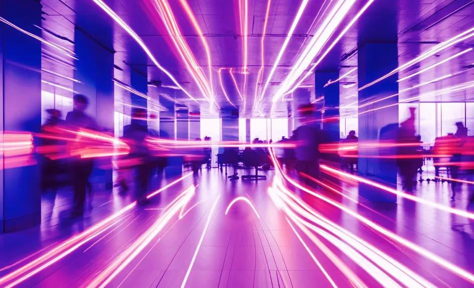 Abstract image of office with moving lights