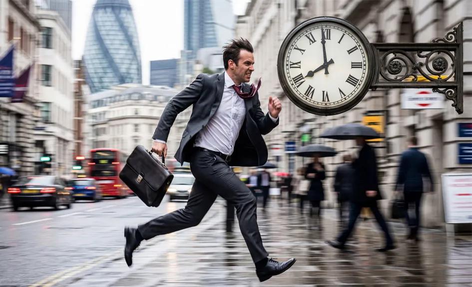 Person in business attire running across a busy London street carrying a briefcase, with a large clock in the foreground.