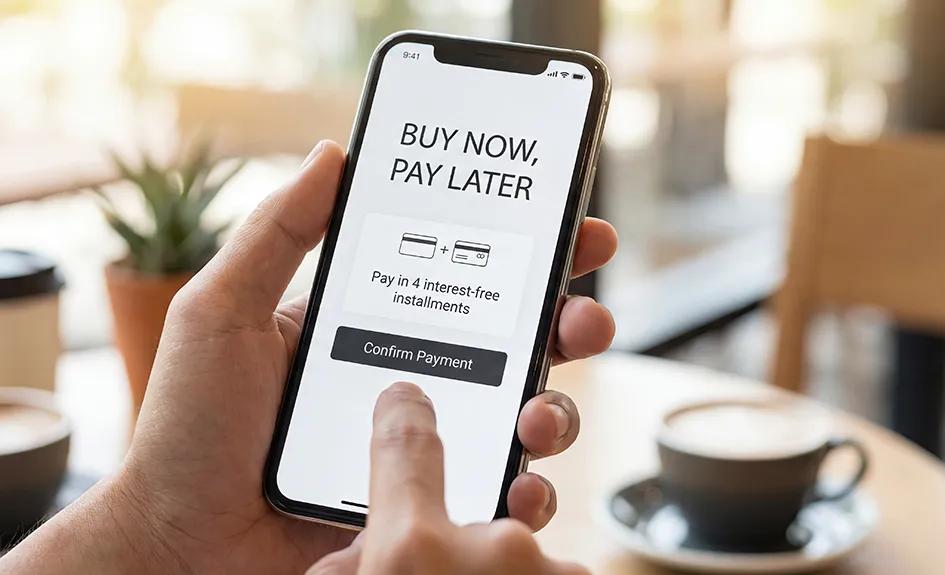 Image of hands holding a mobile phone with 'Buy Now Pay Later' written on it.