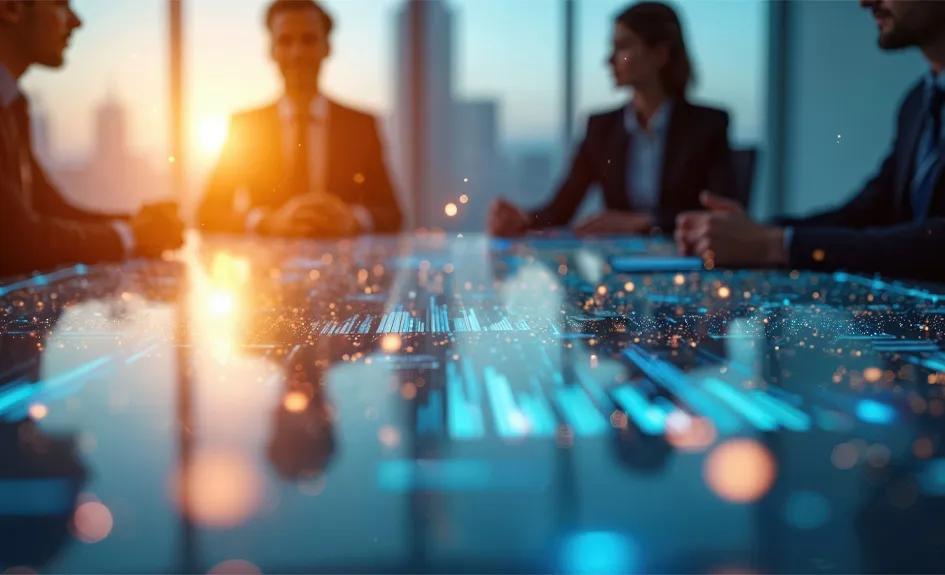 Business meeting with people around a table and digital data visuals in the foreground.