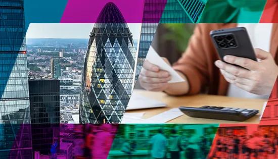 Person holding a receipt and a smartphone at a desk with a calculator and papers, overlaid with colourful abstract panels showing city buildings and crowds.