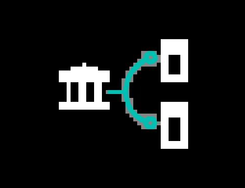 Icon showing a bank connected to two buildings, representing open banking or data sharing