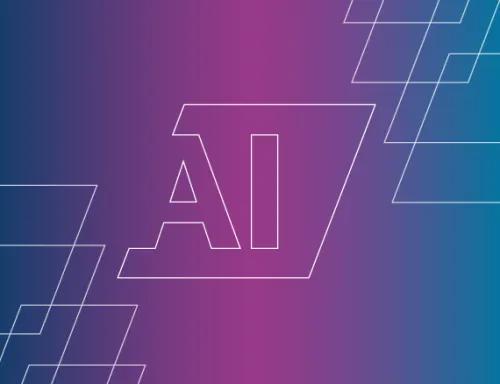 Stylized 'AI' design on a gradient background transitioning from blue to purple and back to blue. White geometric lines form the letters 'A' and 'I' in the center, with abstract shapes surrounding them.