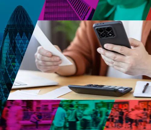 Person holding a receipt and a smartphone at a desk with a calculator and papers, overlaid with colourful abstract panels showing city buildings and crowds