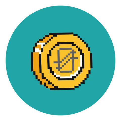 Slightly pixelated cartoon drawing of a coin, on a green background.