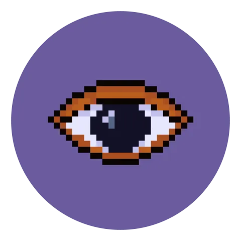 Slightly pixelated cartoon of an eye, on a purple background.