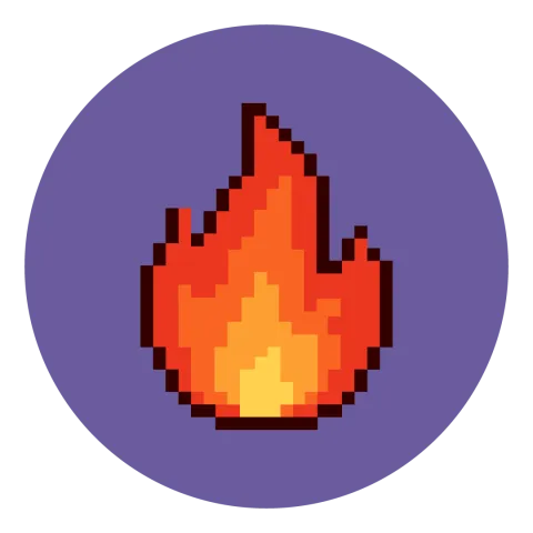 Slightly pixelated cartoon of a flame, on a purple background.
