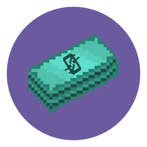Slightly pixelated cartoon drawing of money notes, on a purple background.