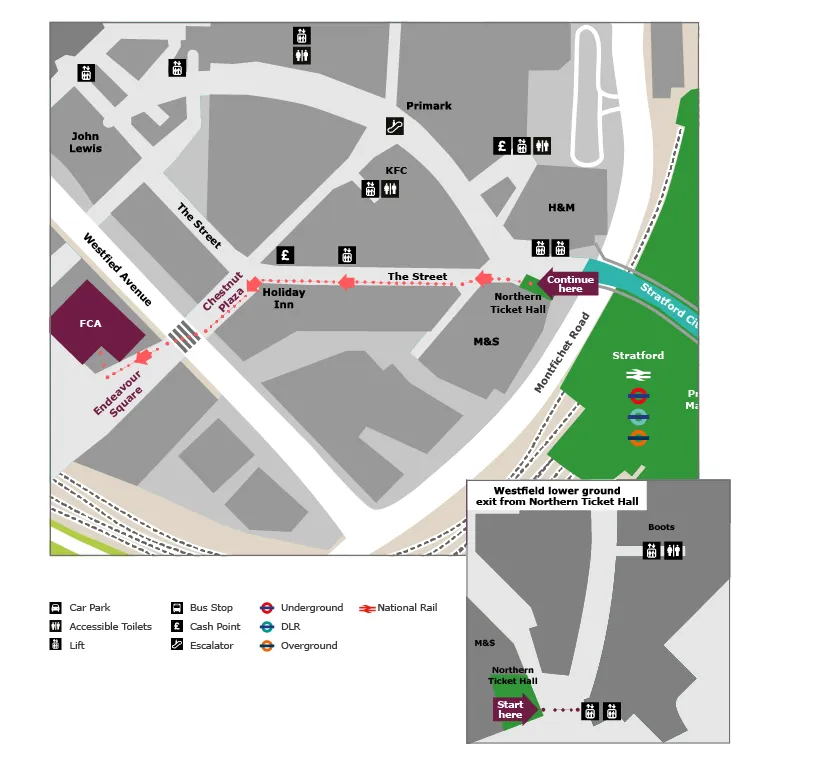 A map shows the route taken on foot from Stratford station to the FCA's London office