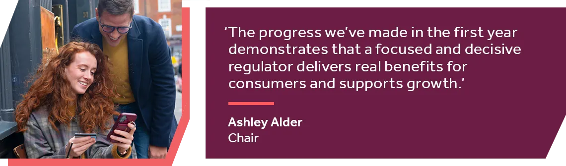 Image of consumers alongside quote from Ashley Alder, FCA chair: 'The progress we’ve made in the first year demonstrates that a focused and decisive regulator delivers real benefits for consumers and supports growth.'
