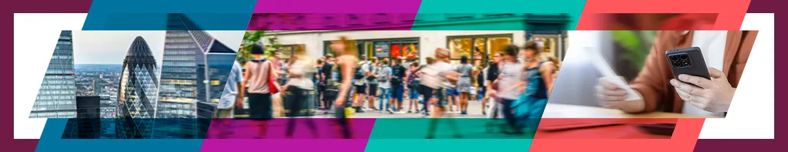 Banner showing City skyline, a busy street with blurred pedestrians, and a close-up of a person using a smartphone, overlaid with colourful geometric shapes.