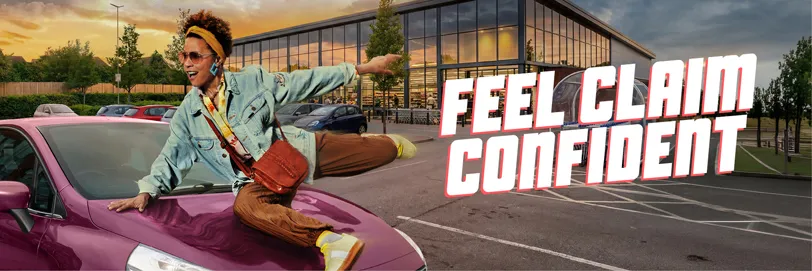 A woman slides across a maroon car bonnet with a smile on her face and a slogan reads 'Feel claim confident'.
