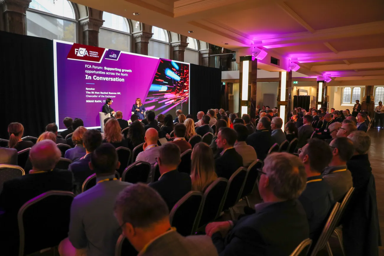 FCA chief executive, Nikhil Rathi speaking with The Rt Hon Rachel Reeves, Chancellor of the Exchequer at the FCA Forum in Leeds.