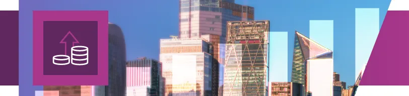 City skyline with a growth chart and stacked coins icon.