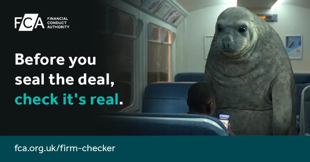 FCA Firm Checker campaign image of Emil the Seal with potential investor. Text reads: Before you seal the deal, check it's real.